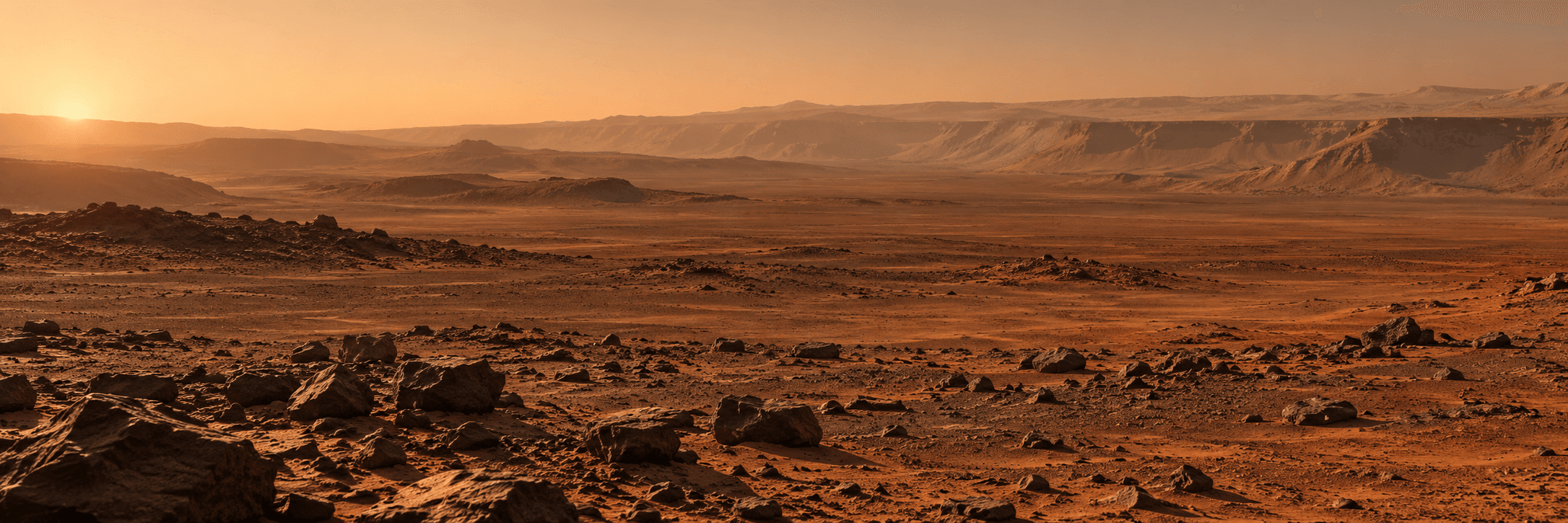 A wide rocky Martian plain under warm, low sunlight with distant crater ridges